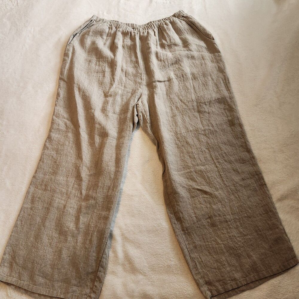FLAX Linen Floods Pants Large Natural Beige Cropped Wide Leg Elastic Waist EUC